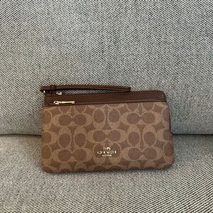 NWT Coach Double Zip Wallet Wristlet In Signature Canvas CX161 Gold/Tan/Brown